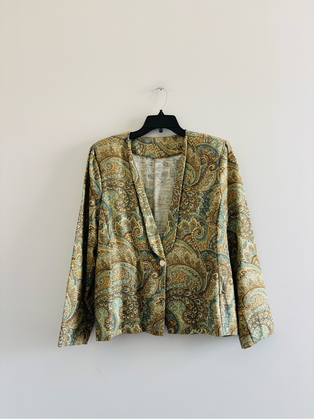 VTG Blazer Paisley Print Green Yellow Shawl Collar Womens 12 Office Retro Boho